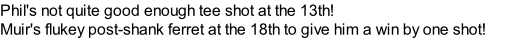 Phil's not quite good enough tee shot at the 13th! Muir's flukey post-shank ferret at the 18th to give him a win by one shot!